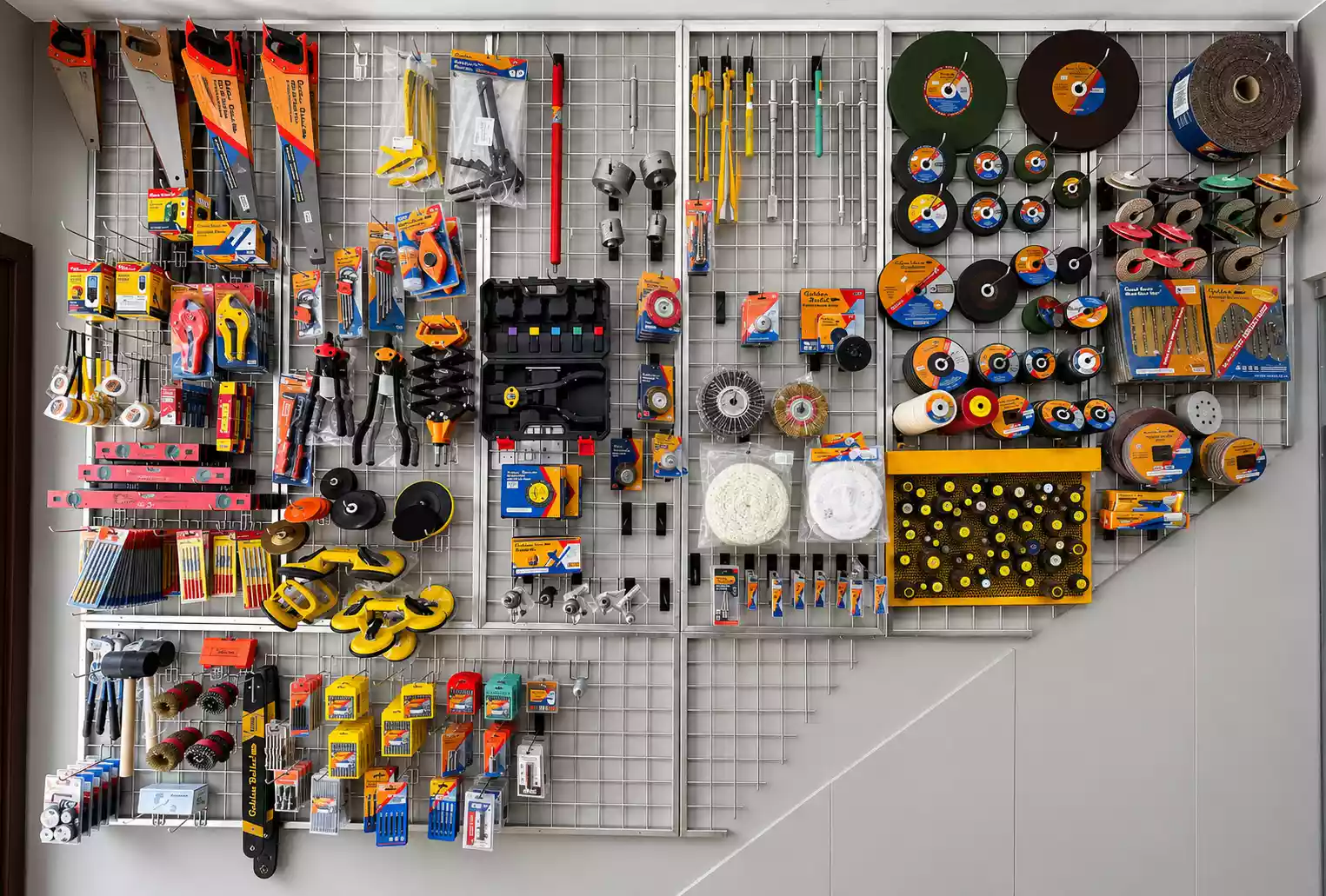 A wall of abrasives, cutting tools and accessories stocked at A.K. Suppliers and Distributors