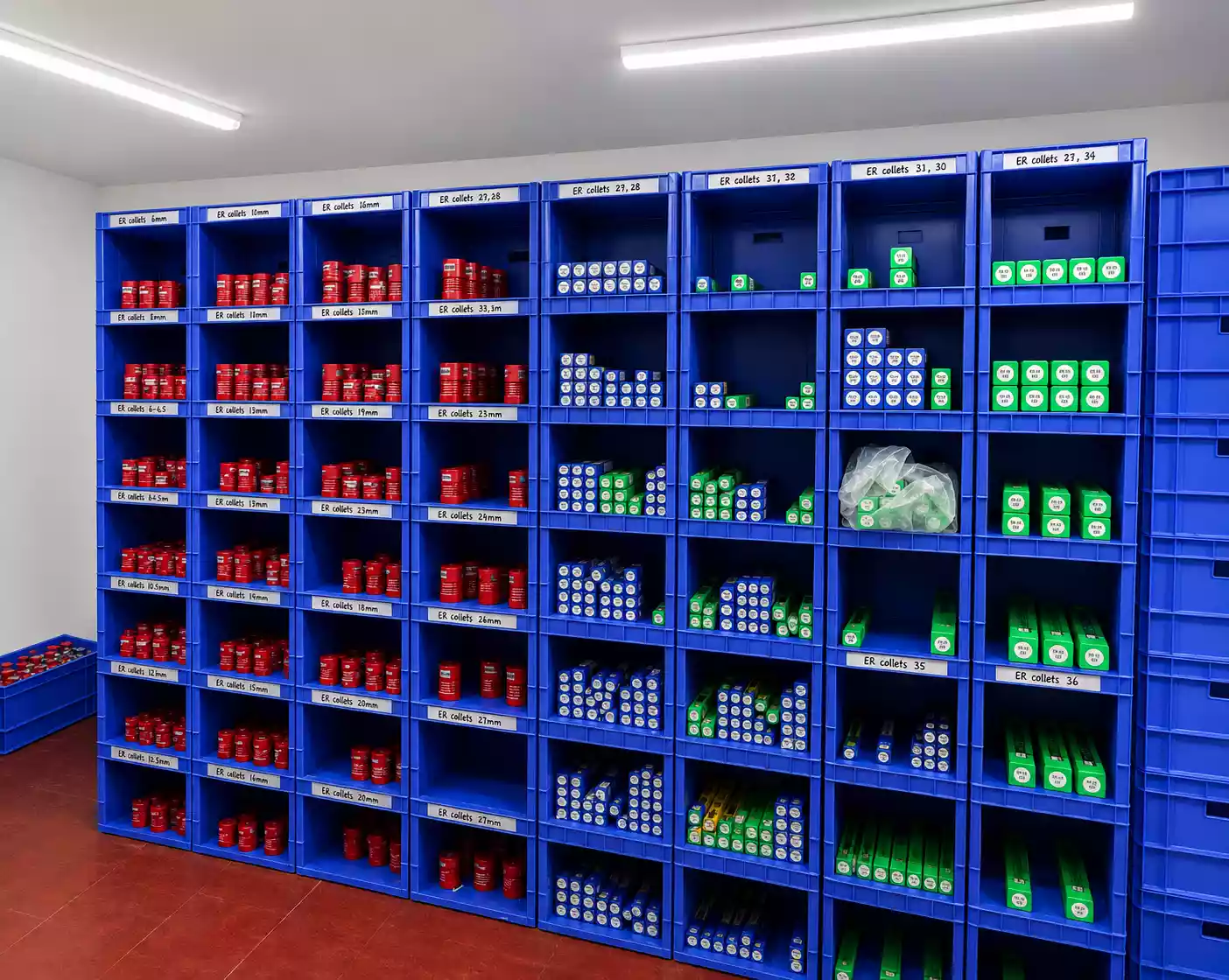 Organised bins of ER collets and accessories in the AKSD stockroom